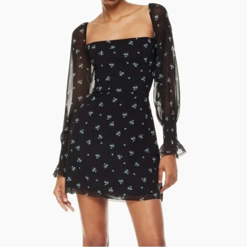 Aritzia NWT Wilfred Emmylou Chiffon Mini Summer Dress Black Forget Me Not